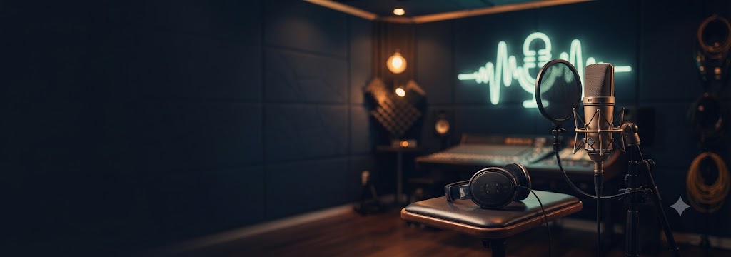 Phòng thu BAO Voice Academy với micro, tai nghe và bảng hiệu neon